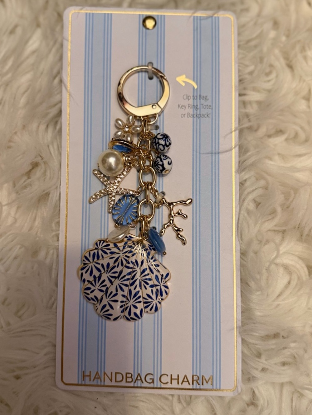 Handbag Charm Keychain with Blue Floral Shell and Gold Accents